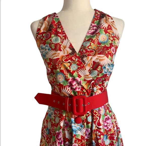 NEW Unique Vintage Red  Floral Halter Dress | Size M - Picture 4 of 16